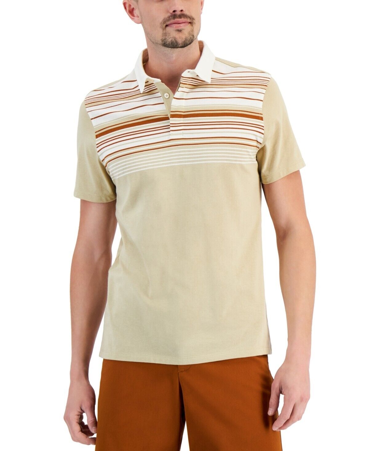 Alfani Men's Beige Short-Sleeve Sunset Stripe Polo Shirt, Beige - 2XL