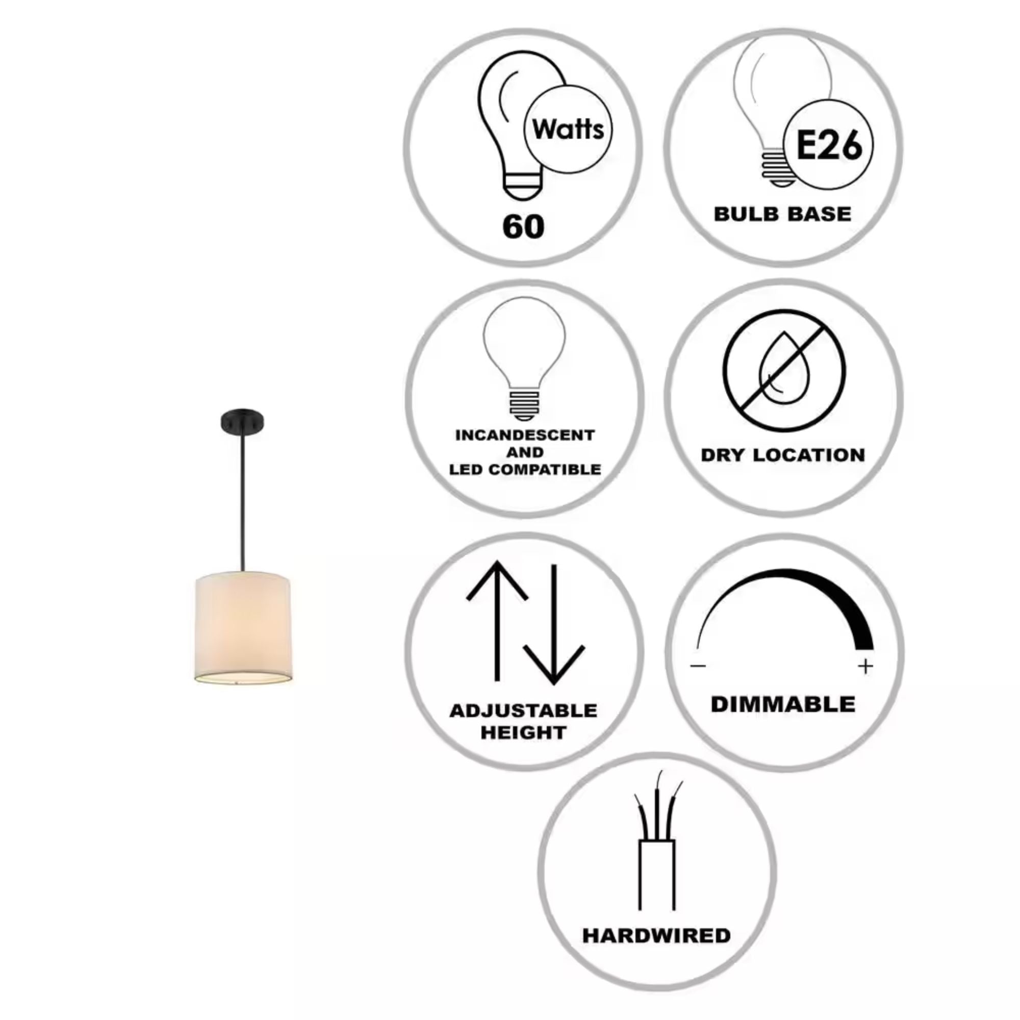 10 in. 1-Light Black Drum Pendant Light Fixture with Linen Shade