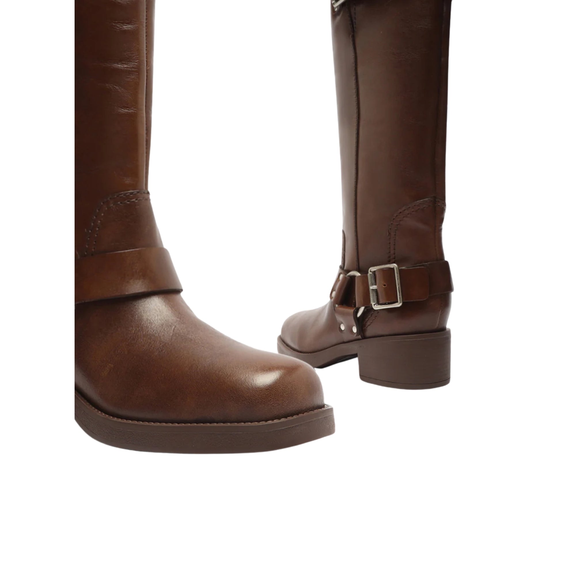 Arezzo Women's Clara Knee-High Leather Motorcycle Boots – Brown, Size 8.5