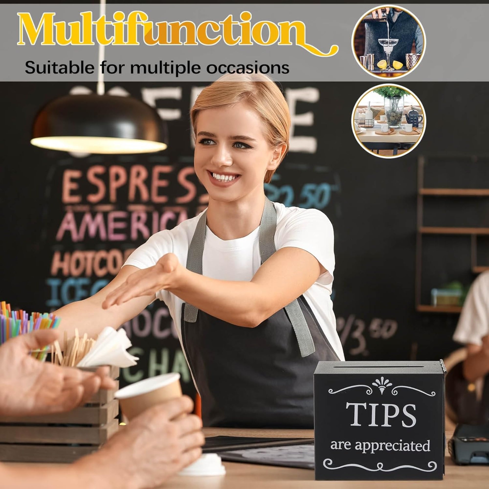 Vesici Metal Tips Jar – 6" x 4" x 5" Donation & Cash Collection Box, Black Metal Container for Bars