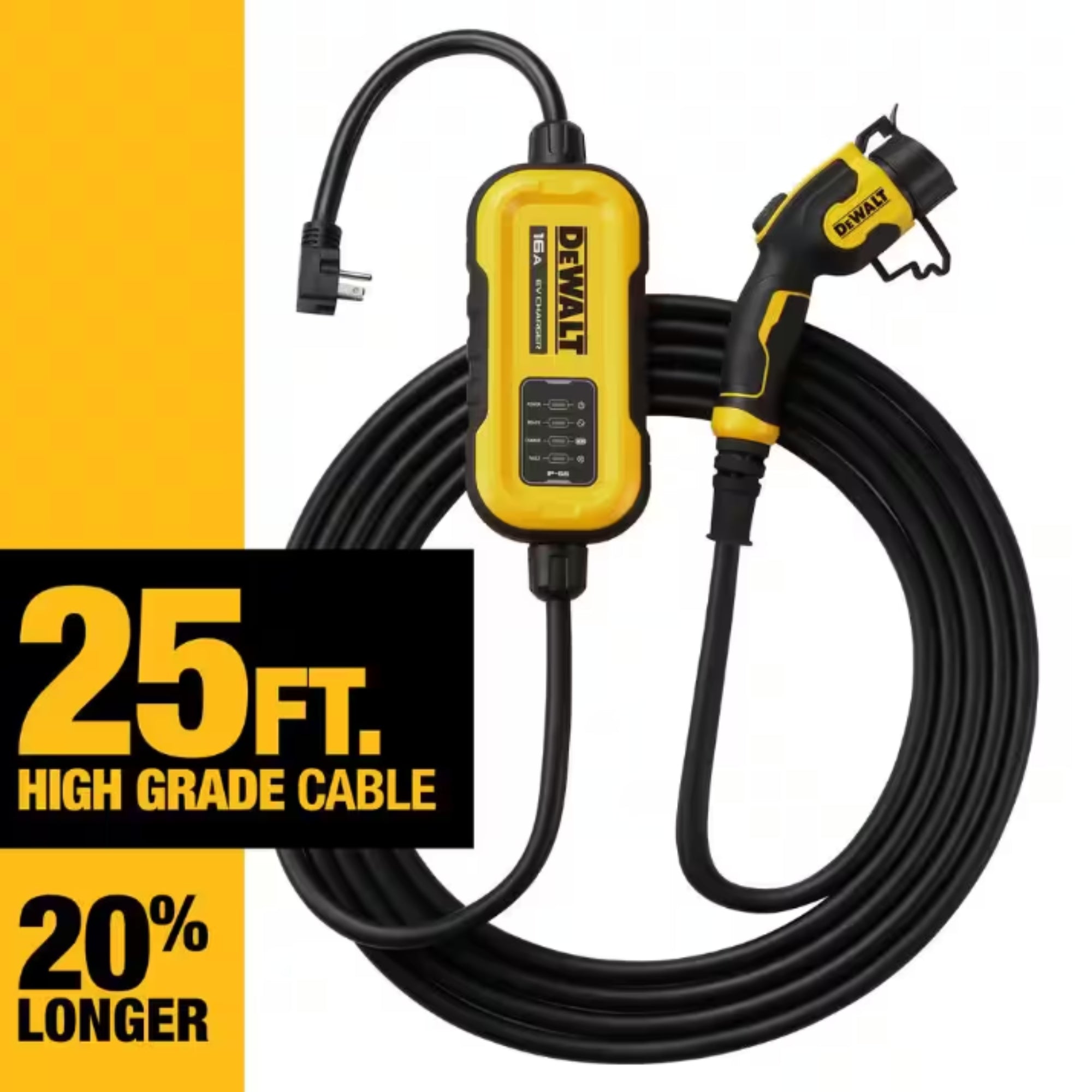 DeWalt Level-2 Portable Electric Vehicle EV Charger, 16 Amps, 120-240V, 3.8 KW, 25 Ft. Cable, Weatherproof