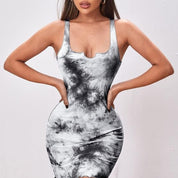 SHEIN EZwear Notch Neck Tie Dye Dress, XL - Black/White