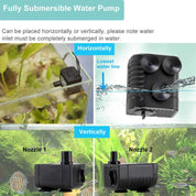 Hygger Ultra Quiet 53GPH Submersible Mini Water Pump – 3W, 2 Nozzles Included, for Aquariums – Black