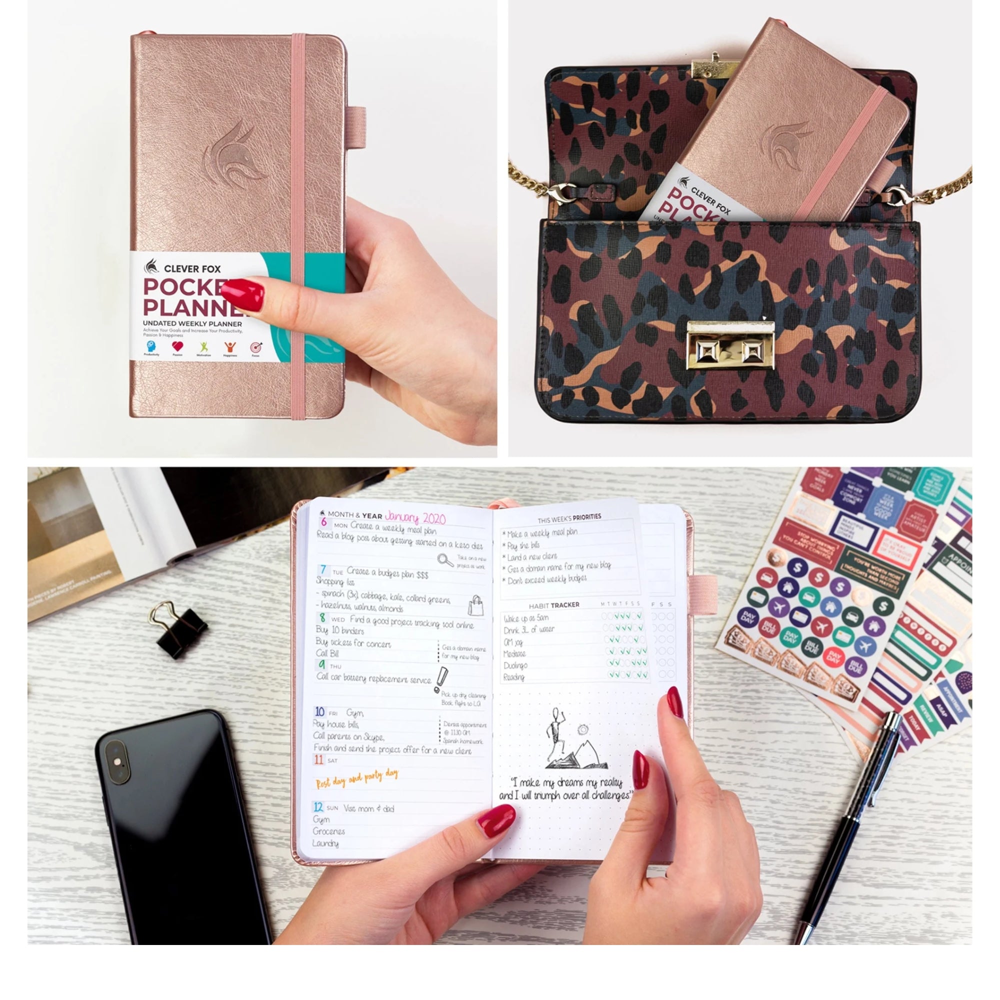 Clever Fox Pocket Planner Weekly – Undated Mini Goal & Productivity Calendar, Purse Size 3.7" x 6.7", Rose Gold