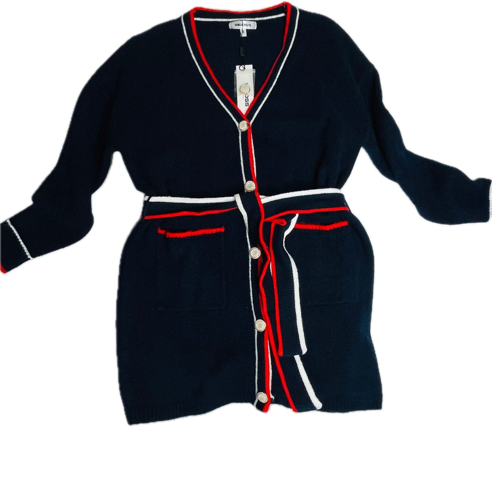 Vigoss Women's Long Retro Cardigan with Pockets & Trendy Buttons – Blue, Small