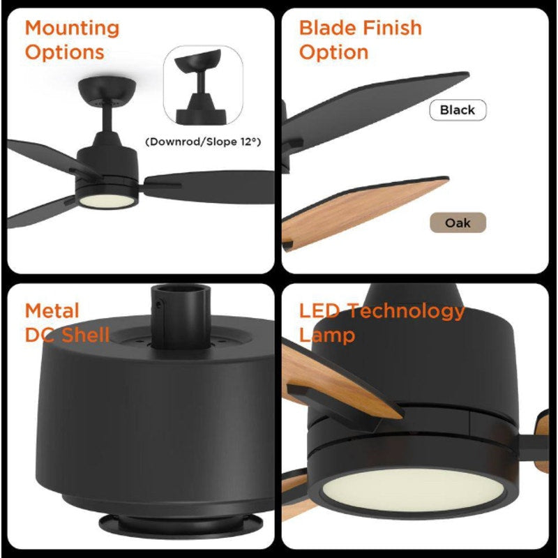 Indoor Ceiling Fan With Remote 42 Inch Reversible Quiet DC Motor Black Timer