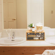 Okllen Bamboo Cosmetic Storage Organizer – Portable Desktop Display Case with 4 Clear Acrylic Drawers – Skincare, Makeup, Jewelry & Hair Accessories Organizer for Bathroom Counter