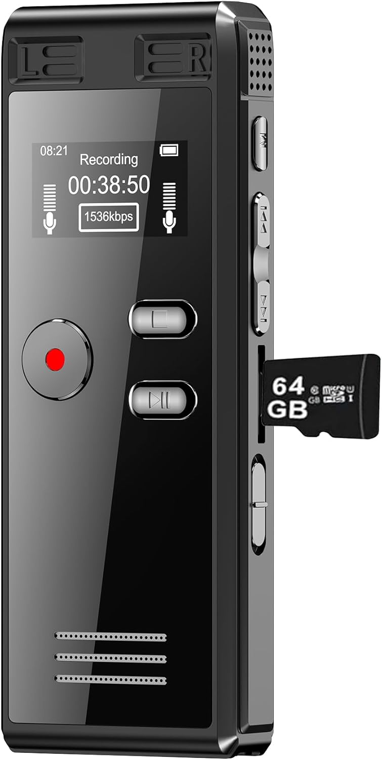 Crosseagle 64GB Digital Voice Activated Recorder – 4552 Hours, Dual MIC, Playback, MP3 Player, TF Card Included
