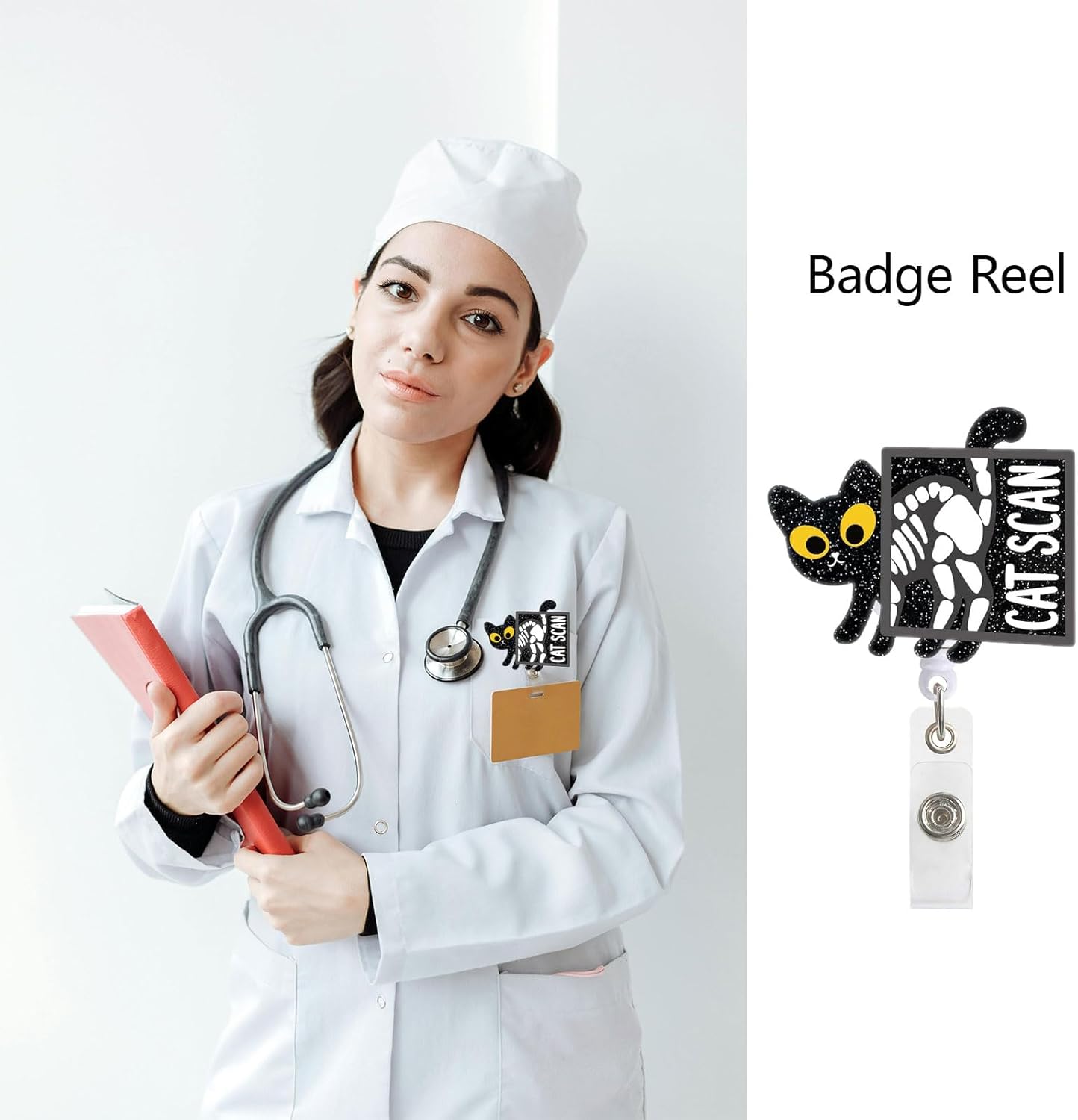 Ekrecion Cat Scan Black Glitter Retractable Badge Reel – Funny Cat ID Clip for Nurses, Office Workers, and Cat Lovers
