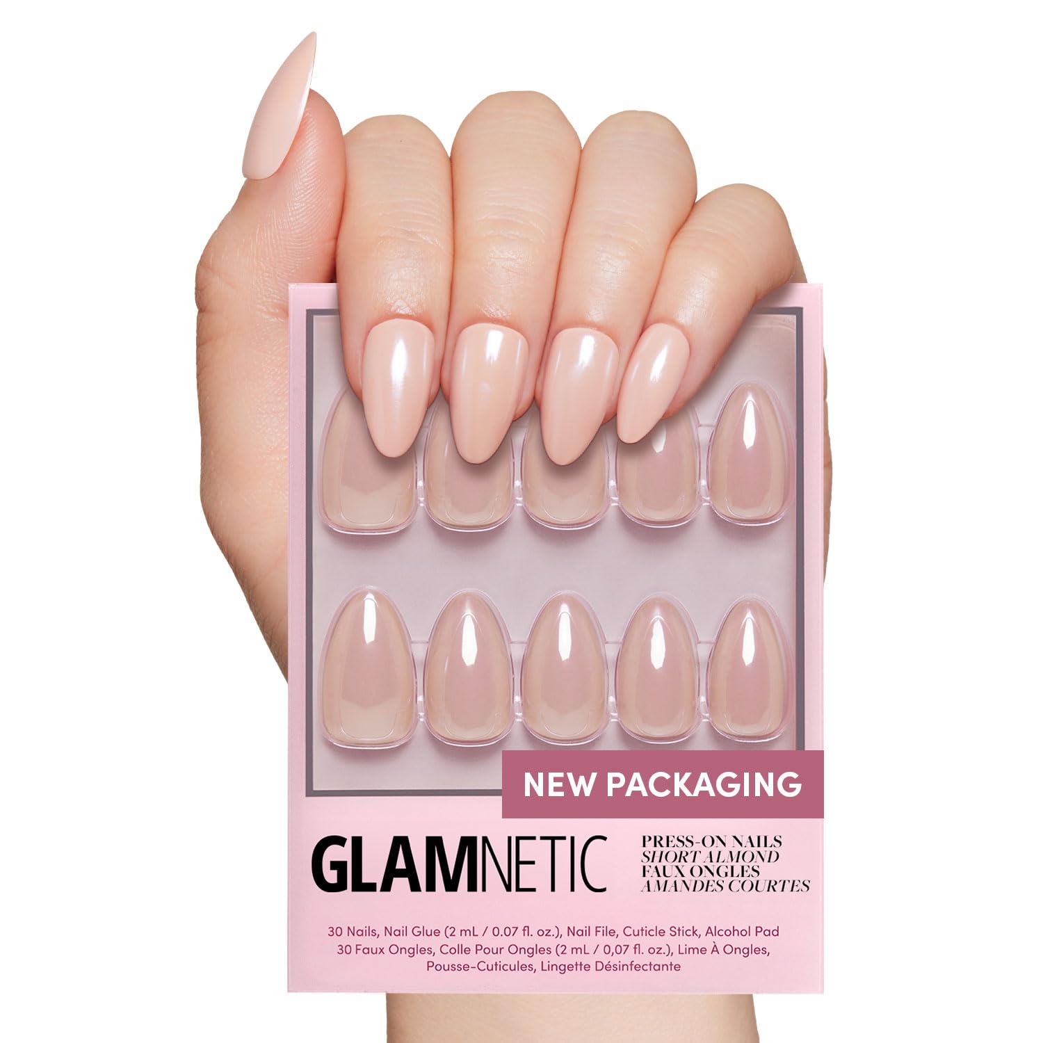 Glamnetic Press On Nails - Los Angeles – Solid Opaque Blush Nude Pink Short Almond Nails in Glazed Finish, Reusable 30 Nail Kit (15 Sizes)