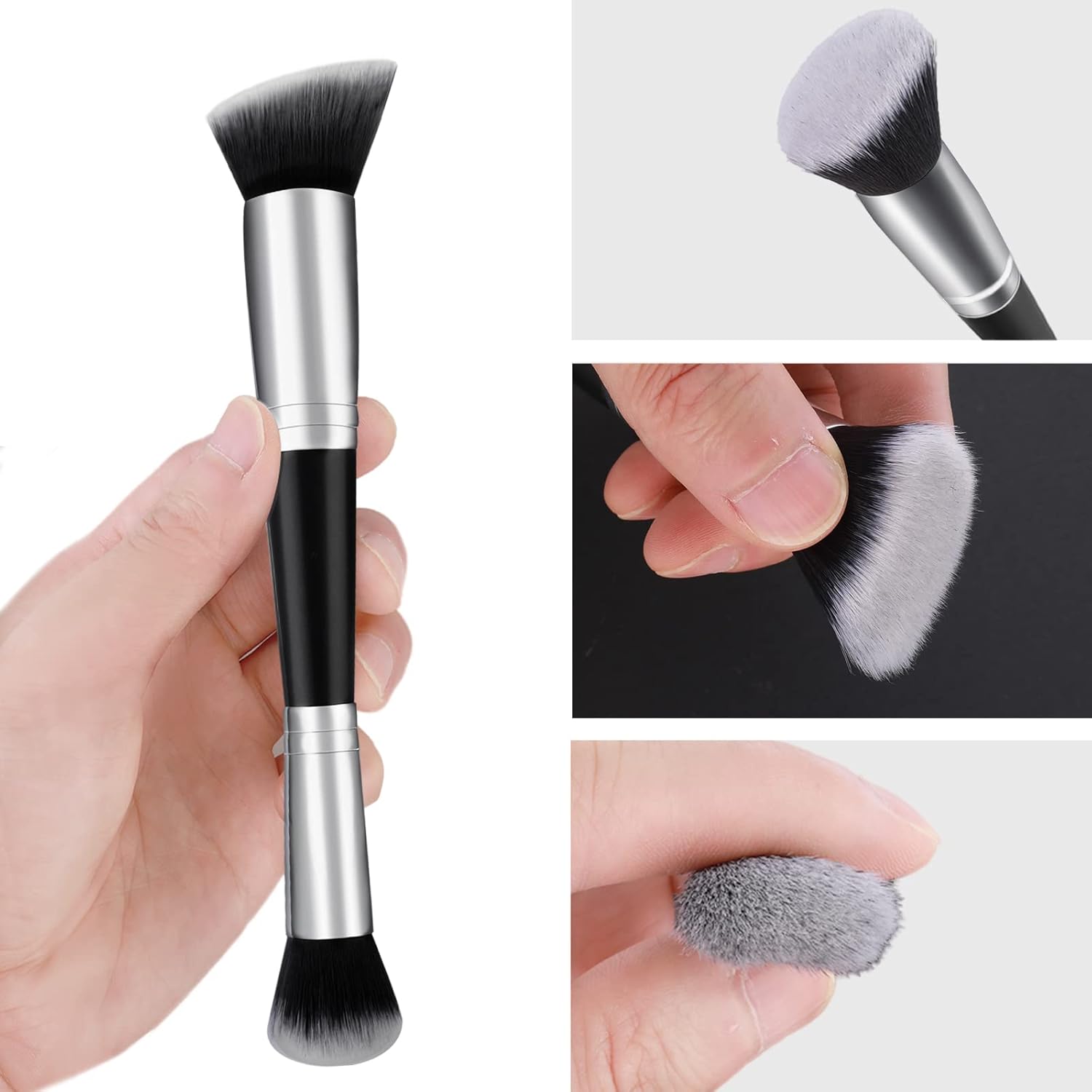 Double-Ended Foundation & Concealer Makeup Brush – Flat Top Kabuki, Angled Contour, Synthetic Bristles for Liquid, Cream, Highlight & Sculpting