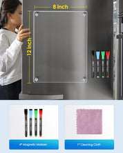 Small Magnetic Dry Erase Board for Refrigerator – 12" x 8" Clear Acrylic Whiteboard with 4 Markers & Cloth, Fridge Memo/Planner/Menu Board