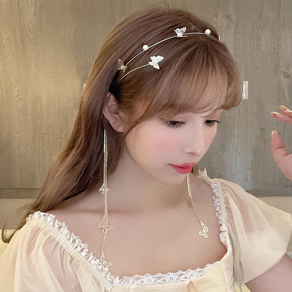 DonLeeving Gold Butterfly Crystal Tassel Headband – Rhinestone Hair Chain with Fake Earrings for Women & Girls