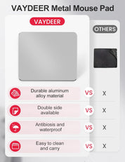 Vaydeer Hard Silver Aluminum Mouse Pad – Ultra-Thin Double-Sided Mat – 9.1" x 7.1" – Waterproof, Non-Slip – Fast Control for Gaming & Office
