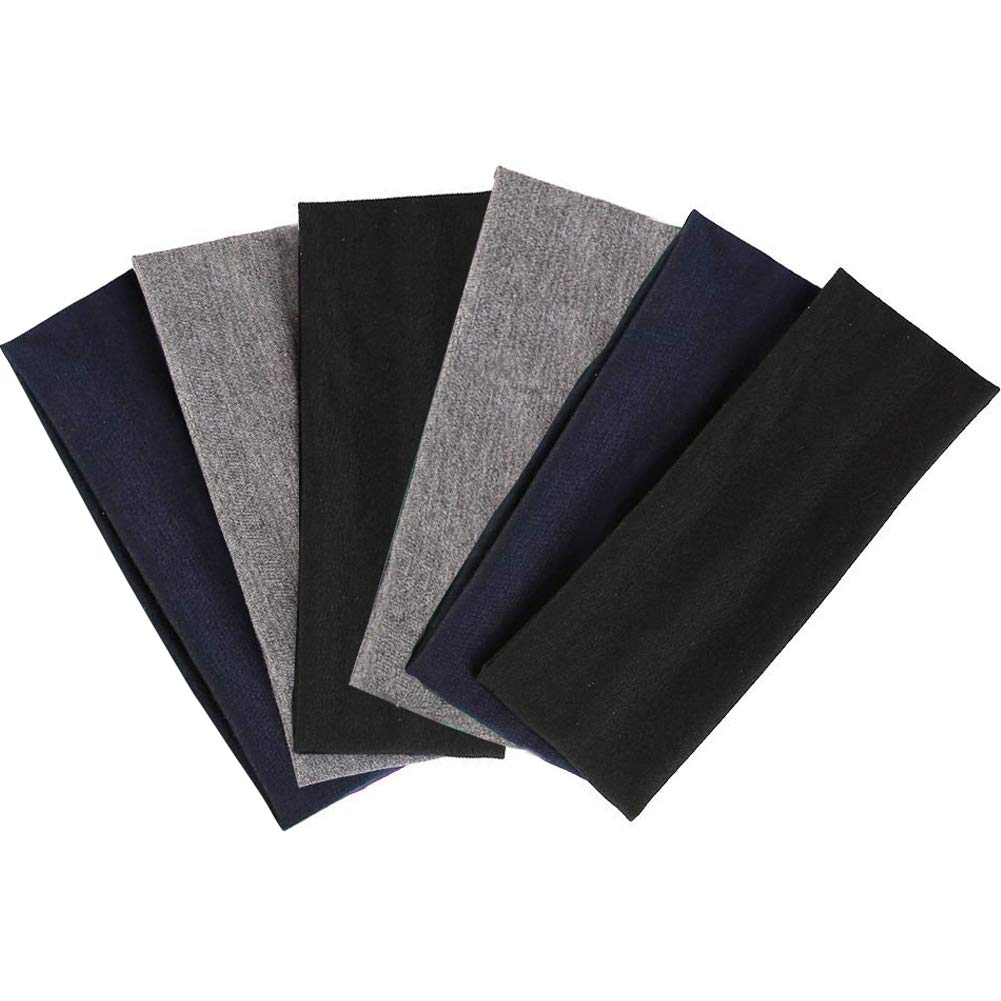 DERAYEE 6-Pack Black & Multicolor Stretch Headbands – Non-Slip Elastic Cotton Hair Bands for Women, Men & Girls