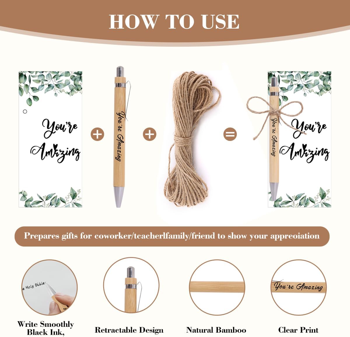 30 Sets Employee Appreciation Gifts – Motivational Bamboo Pens with Thank You Cards for Teachers, Students, Coworkers & Teams