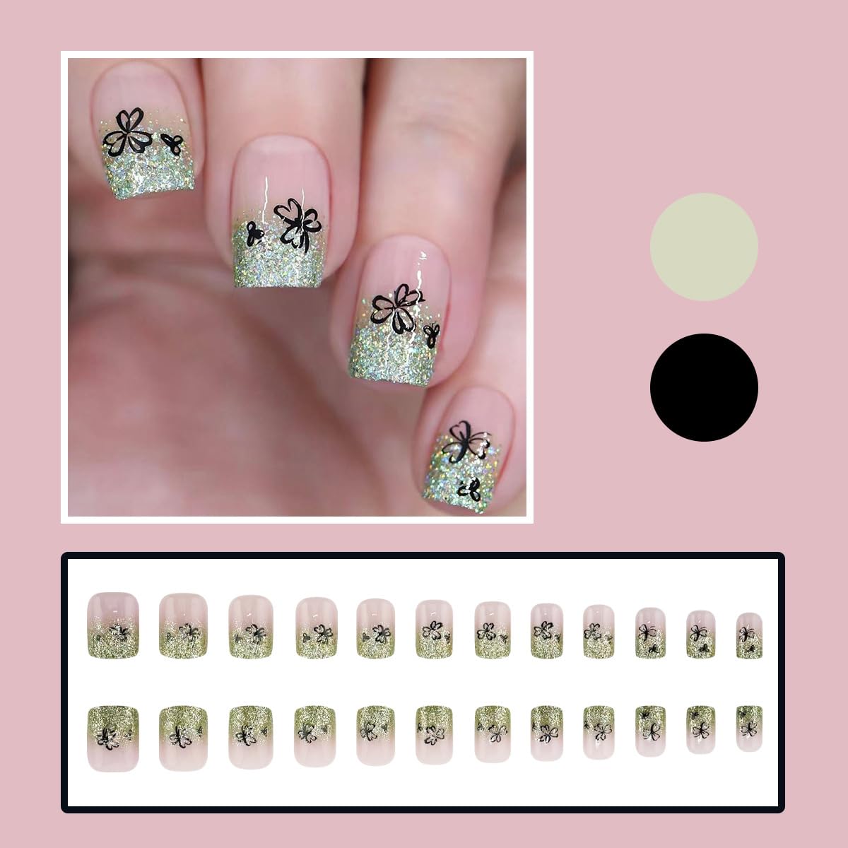 24Pcs Green French Tip Press-On Nails with Glitter Design – Short Square Fake Nails Lucky Clover Glue-On Nails for St. Patrick's Day & Spring Manicure