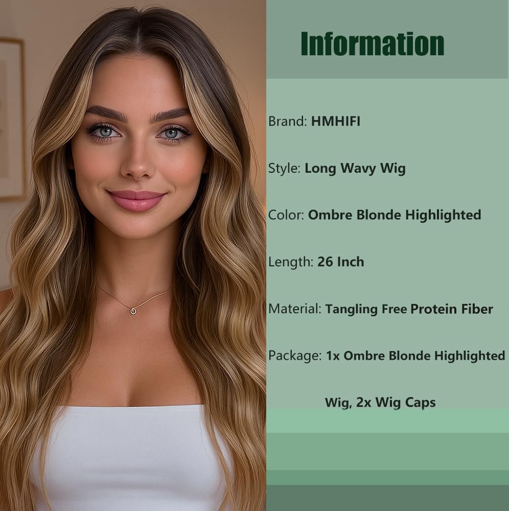 26" Long Wavy Curly Ombre Blonde Wig – Heat Resistant Synthetic Hair for Daily Wear & Party Use