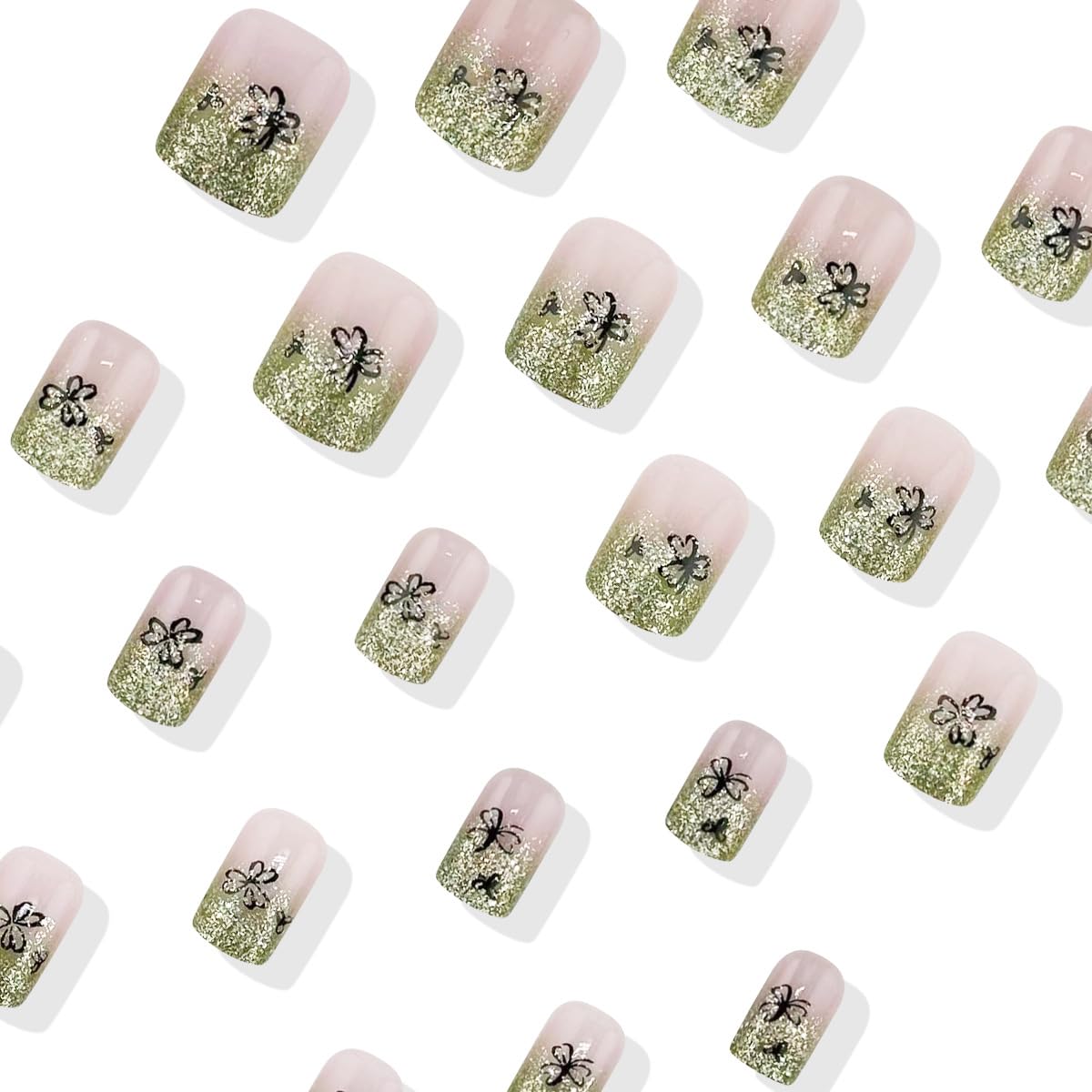 24Pcs Green French Tip Press-On Nails with Glitter Design – Short Square Fake Nails Lucky Clover Glue-On Nails for St. Patrick's Day & Spring Manicure