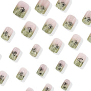 24Pcs Green French Tip Press-On Nails with Glitter Design – Short Square Fake Nails Lucky Clover Glue-On Nails for St. Patrick's Day & Spring Manicure