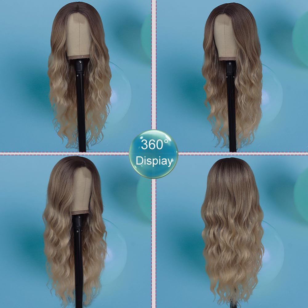 26" Long Wavy Curly Ombre Blonde Wig – Heat Resistant Synthetic Hair for Daily Wear & Party Use
