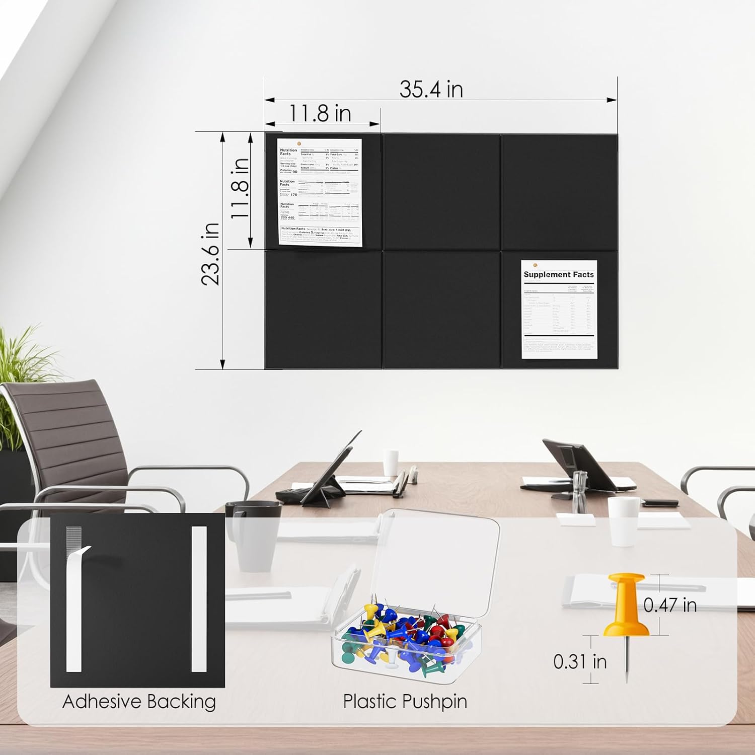 MaxGear Large Cork Board for Wall – 36" x 24" Black Bulletin Board, 6-Pack Felt Wall Tiles with Pushpins – Office Push Pin Board, Tack Board, Felt Board