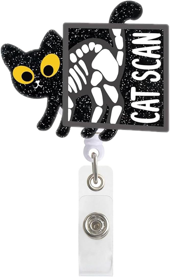 Ekrecion Cat Scan Black Glitter Retractable Badge Reel – Funny Cat ID Clip for Nurses, Office Workers, and Cat Lovers