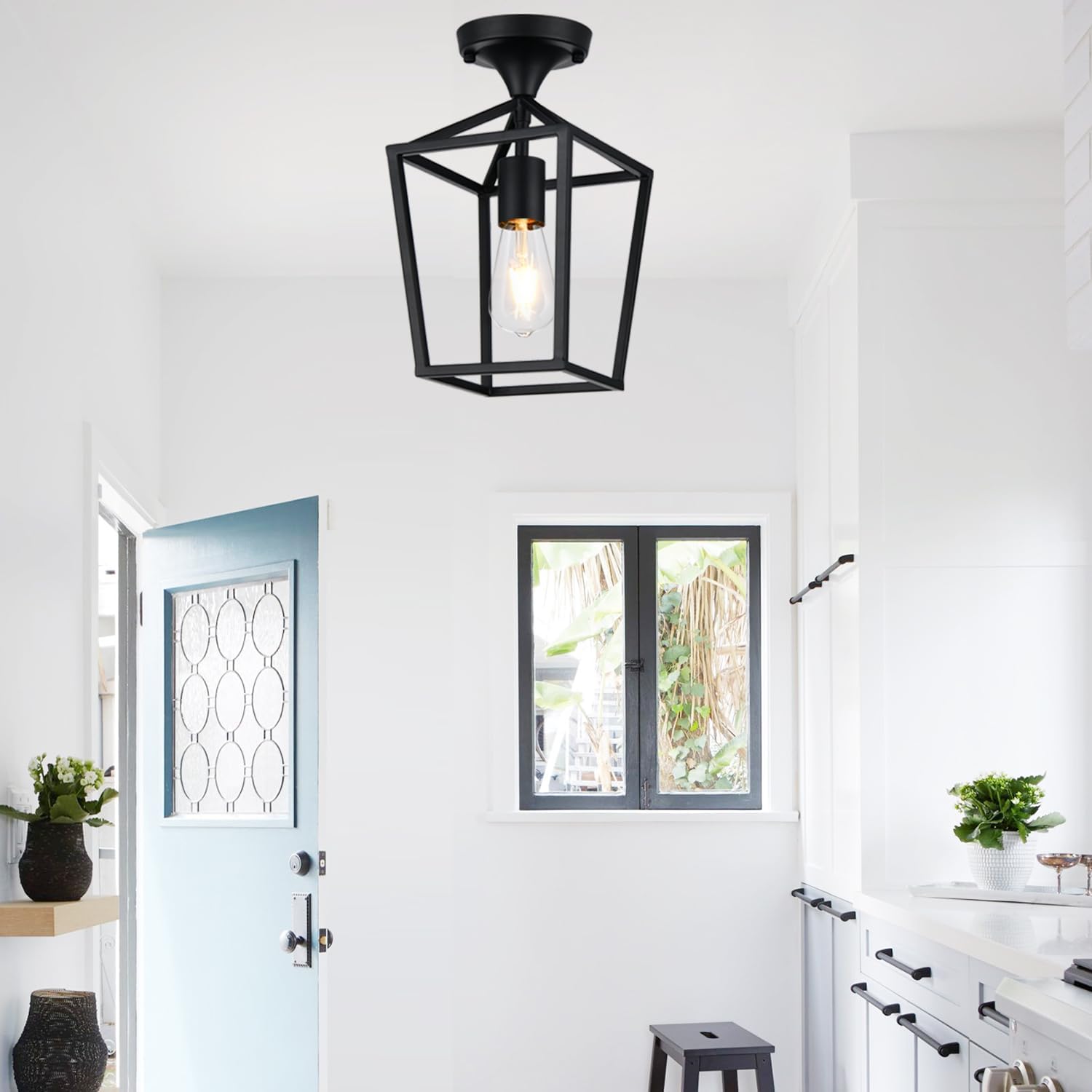 Lynnoland Semi Flush Mount Ceiling Light – Black Industrial Farmhouse Fixture for Entryway, Hallway, Porch, or Living Room