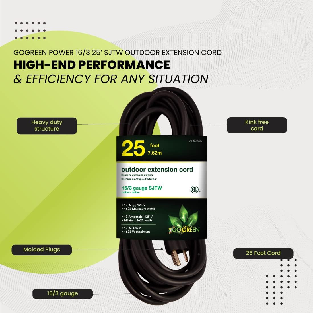 GG-13725BK 25 Ft. 16/3 Heavy Duty Extension Cord - Black Pack of 6