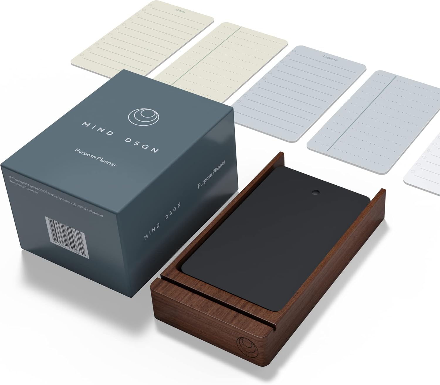 Mind Design Undated Daily Planner with Walnut Stand – 120 Checklist Cards & 10 Goal Cards – 3x5” Spiral-Bound Notepads – Magnetic Closure