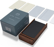 Mind Design Undated Daily Planner with Walnut Stand – 120 Checklist Cards & 10 Goal Cards – 3x5” Spiral-Bound Notepads – Magnetic Closure