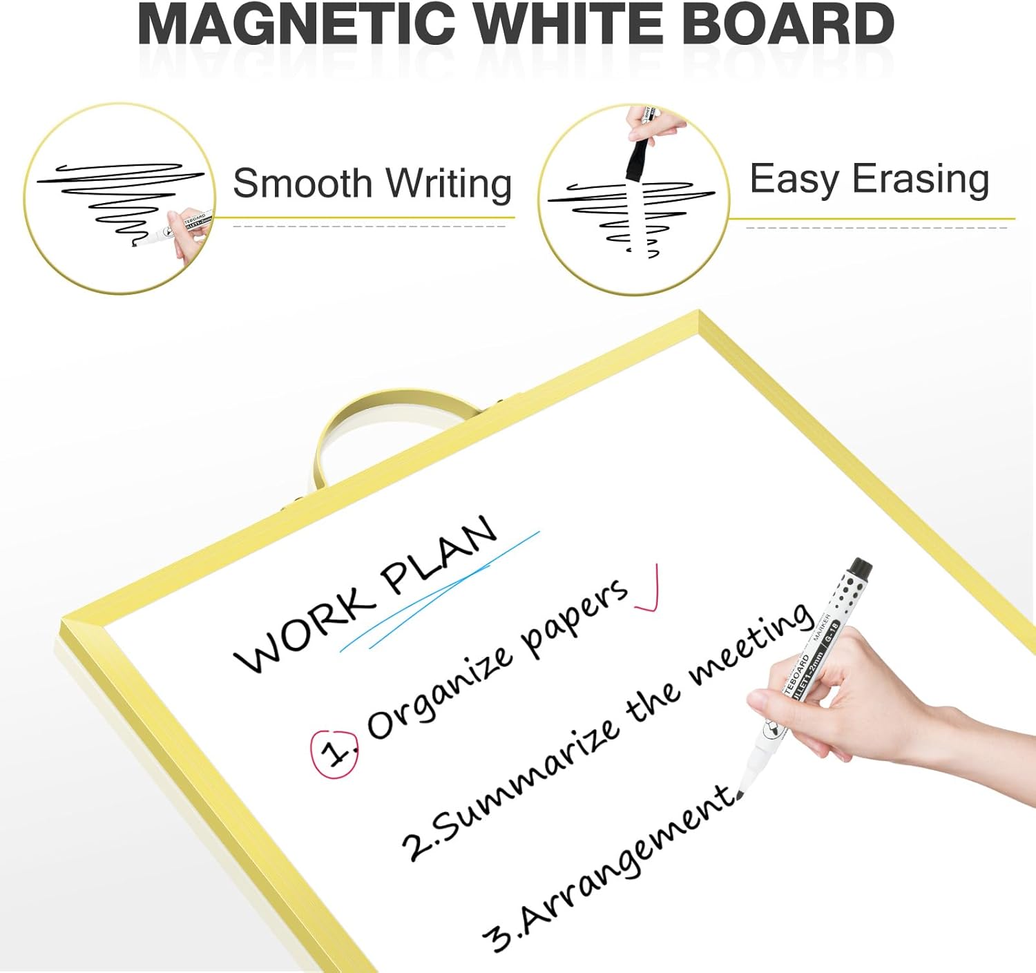 Double-Sided Magnetic White Board Dry Erase Board, 14"x11" Hanging Portable Whiteboard for Wall – Gold
