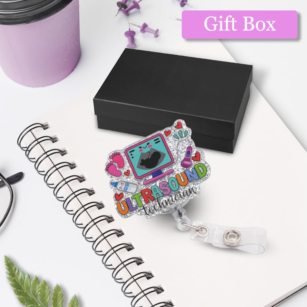 ERHACHAIJIA Retractable Badge Reel – Funny Silver Glitter ID Holder for Ultrasound Technicians, Nurses