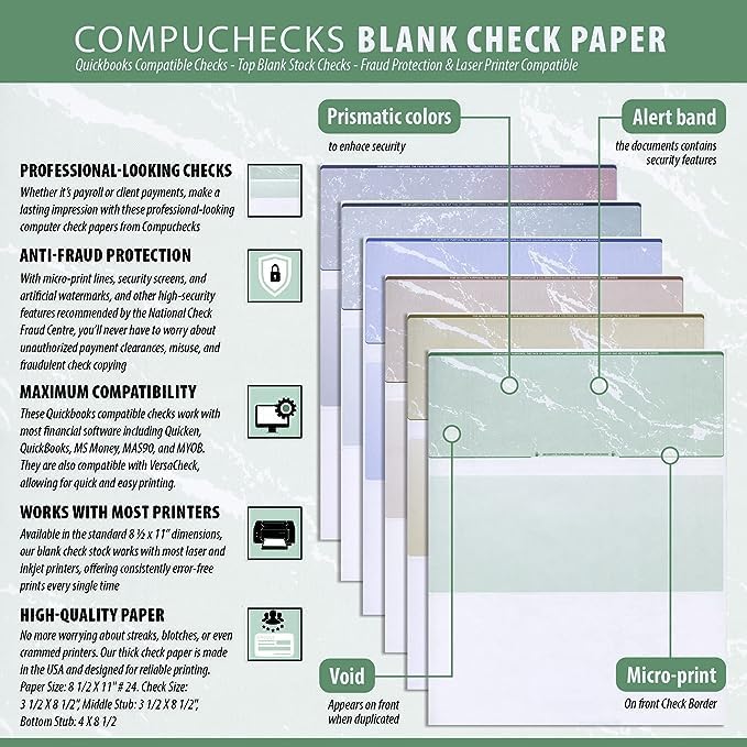 Compuchecks Check on Top Blank Check Paper – 100 Pack, QuickBooks & Laser Printer Compatible – Security Business Checks with Voucher, 8.5" x 11", Green Diamond