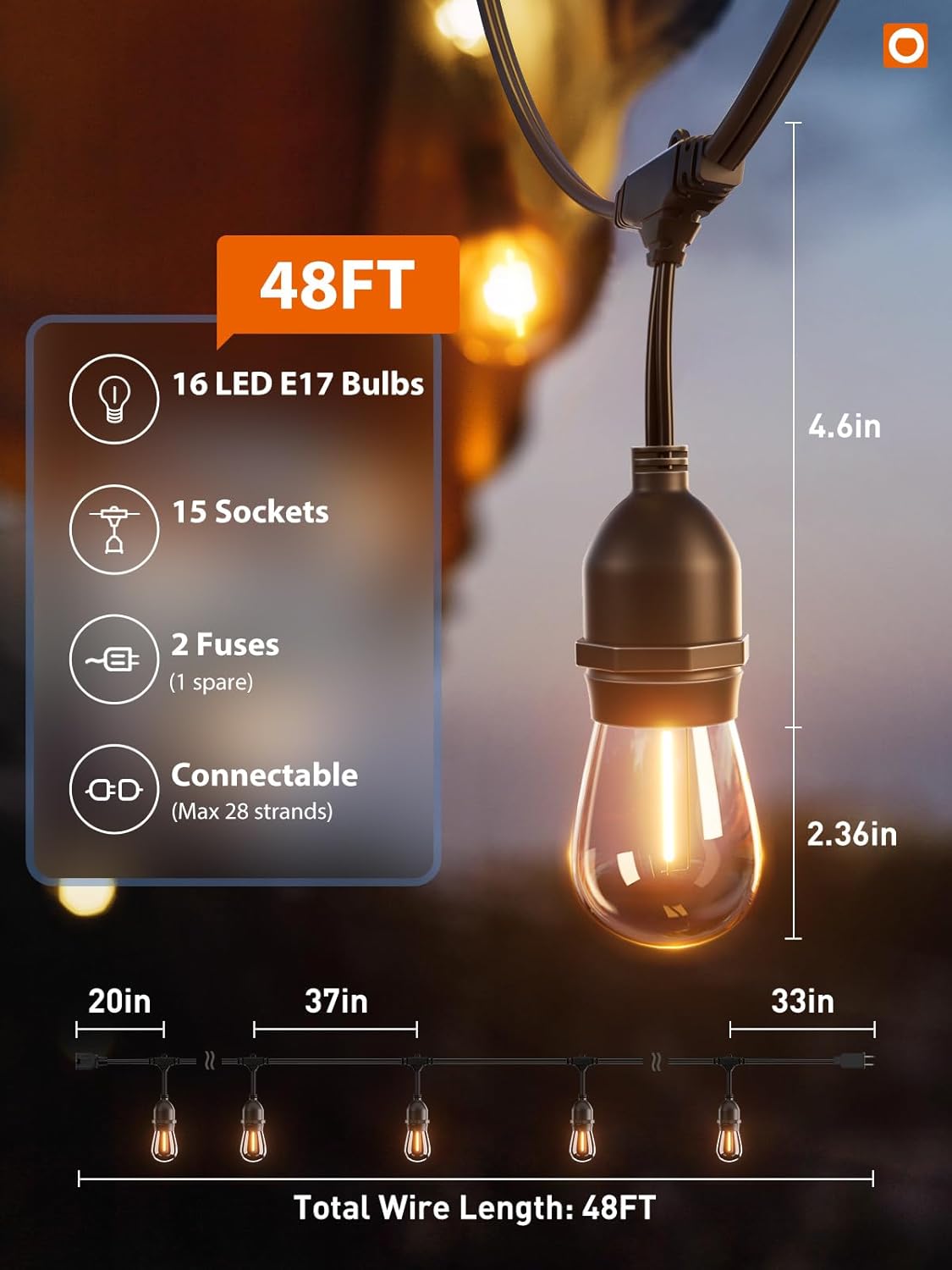 Addlon 48FT LED Outdoor String Lights – Edison-Style Shatterproof Bulbs, Dimmable & Waterproof – Commercial Grade Patio Lights for Garden