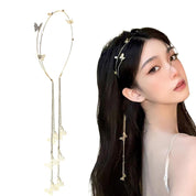 DonLeeving Gold Butterfly Crystal Tassel Headband – Rhinestone Hair Chain with Fake Earrings for Women & Girls