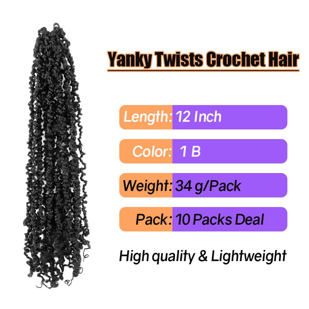 12-Inch Yanky Twist Crochet Hair – 10 Packs Pre-Twisted Mini Spring Senegalese Twist Braids – Natural Black (1B)