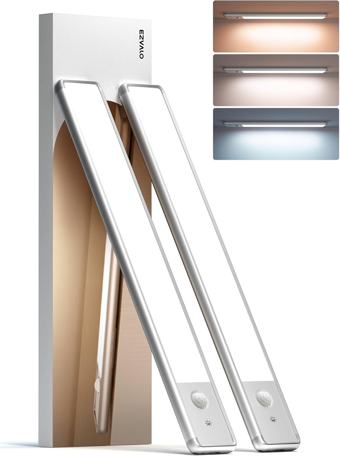 EZVALO 2-Pack Under Cabinet Motion Sensor Lights – 98 LED Rechargeable, Magnetic Mount, Dimmable with 3 Color Temperatures – Silver