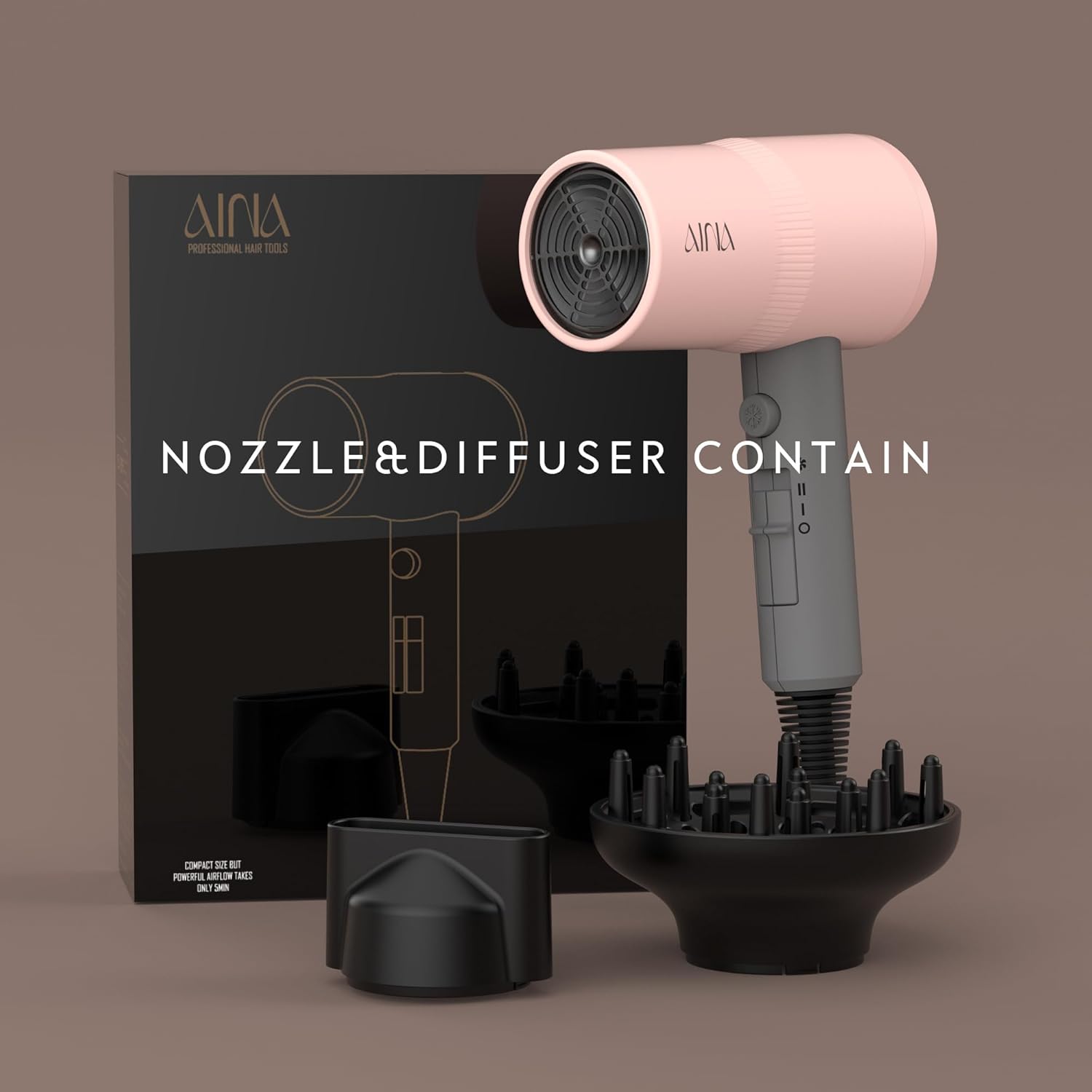 AINA Hair Dryer with Diffuser – Ionic Blow Dryer for Women with Cold Shot, Ceramic Coating & Turbo Heat, Fast Drying for Shine (Misty Blush)