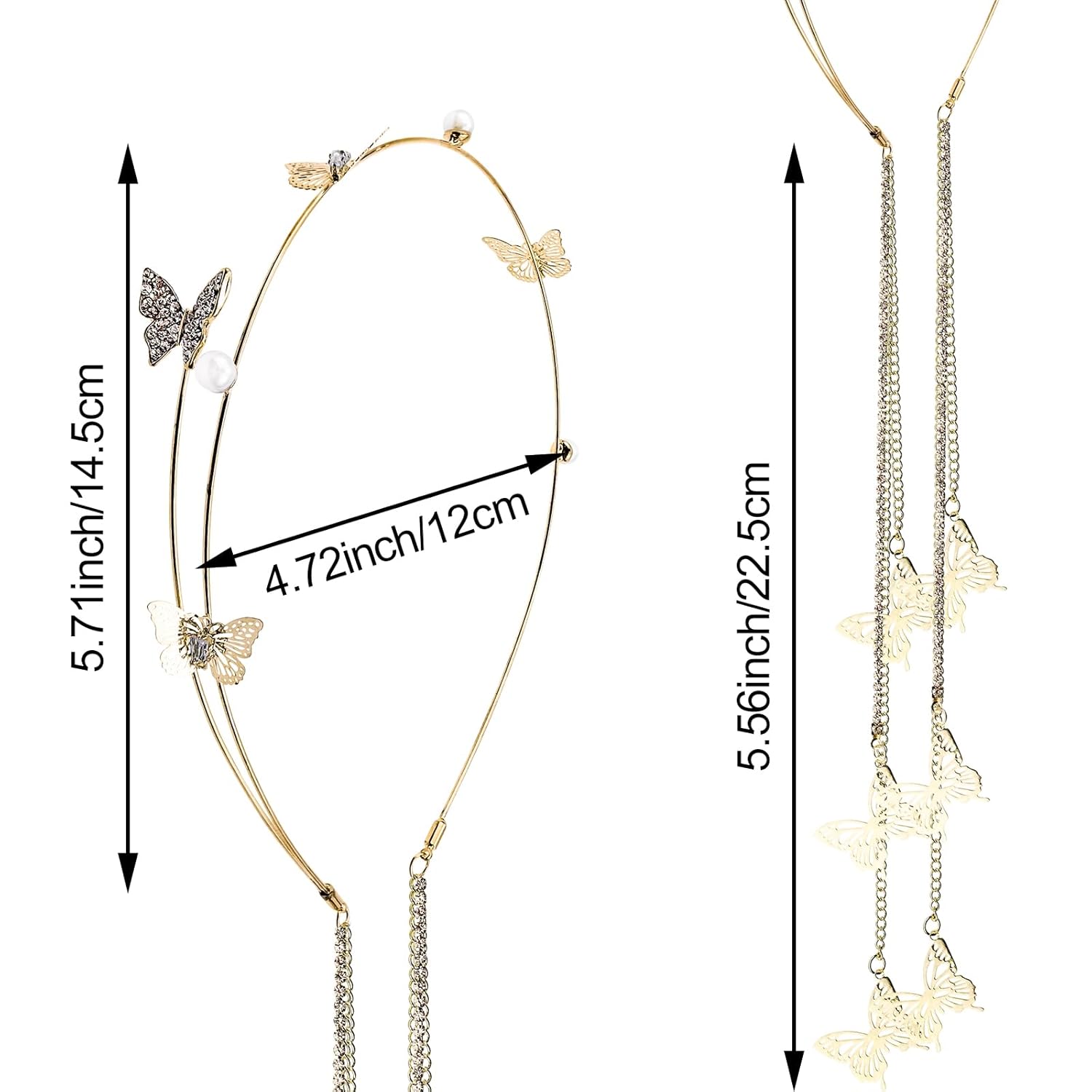 DonLeeving Gold Butterfly Crystal Tassel Headband – Rhinestone Hair Chain with Fake Earrings for Women & Girls