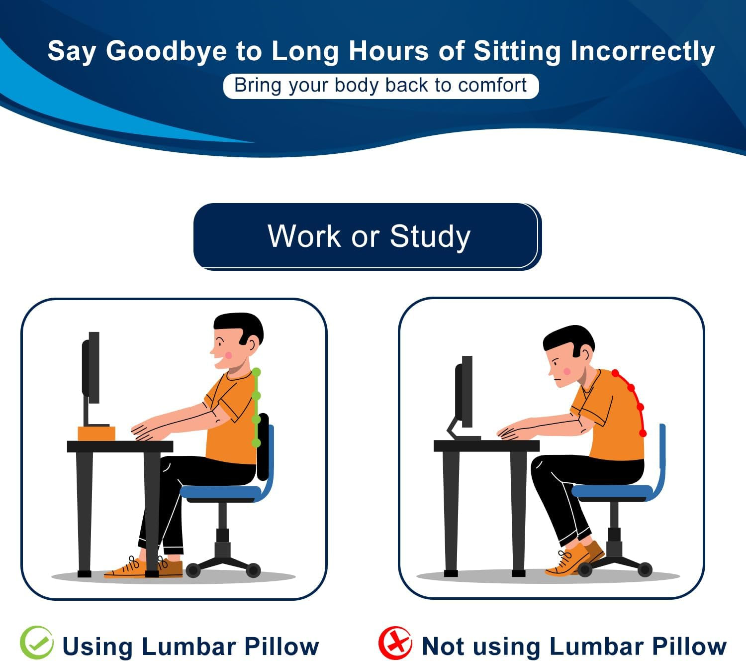 Lumbar Support Pillow – Memory Foam Back Cushion for Office & Gaming Chairs – Large Ergonomic Lower Back Support