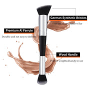 Double-Ended Foundation & Concealer Makeup Brush – Flat Top Kabuki, Angled Contour, Synthetic Bristles for Liquid, Cream, Highlight & Sculpting