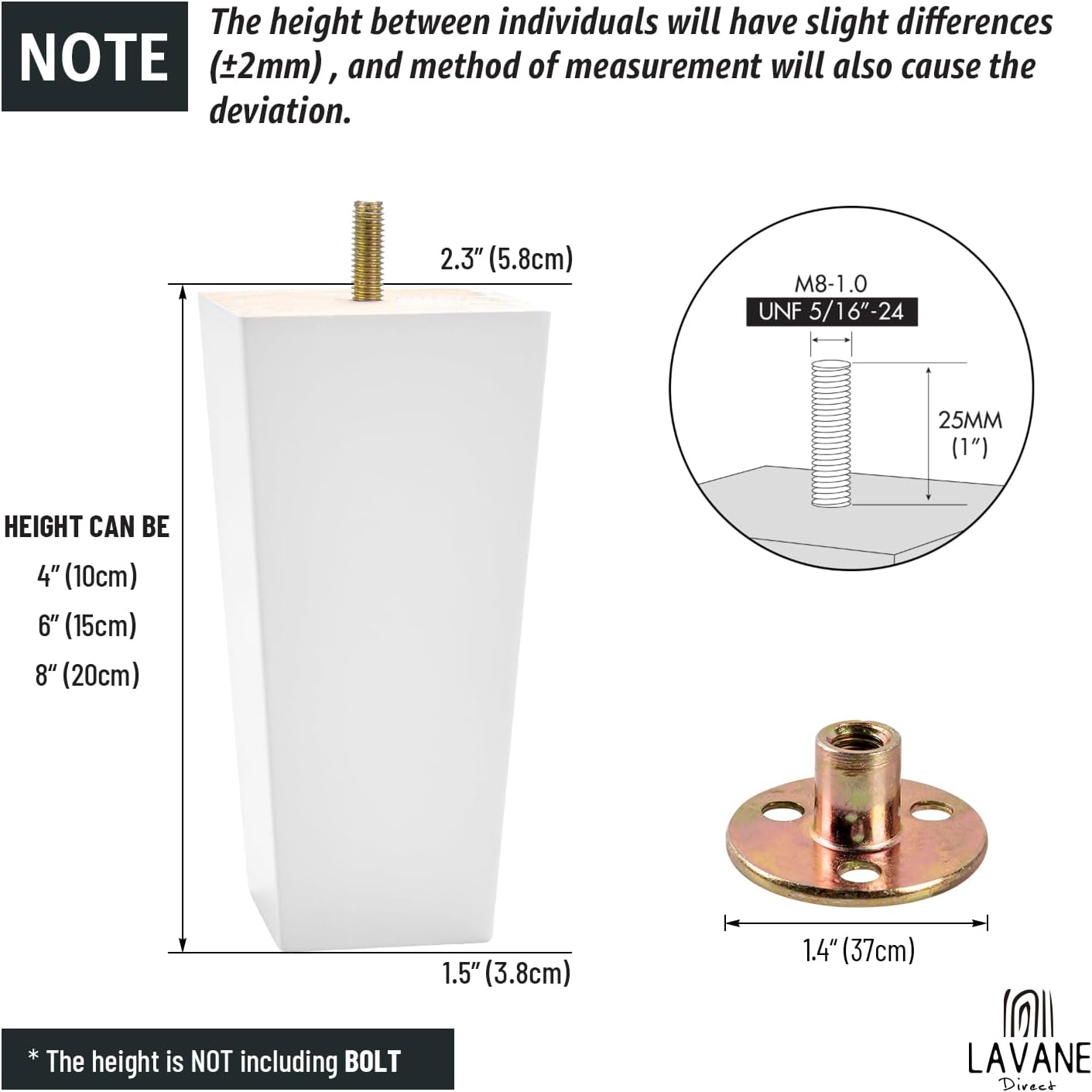 6-Inch Wooden Furniture Legs – Set of 4 – Solid Wood Square Bun Feet – White Mid-Century Modern Style
