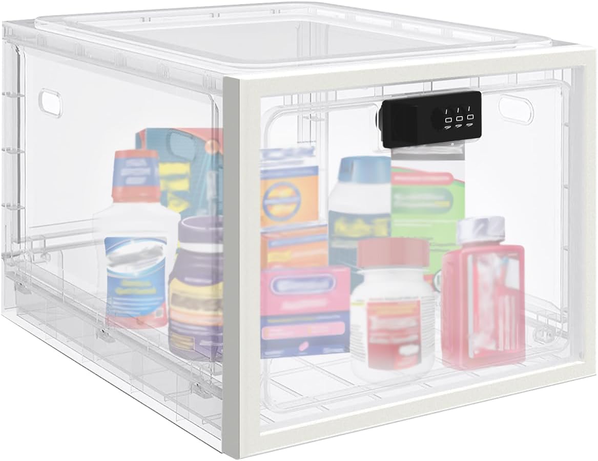 Large Medicine Lock Box – Lockable Plastic Storage with Combination Code for Medication, Snacks, Phones, or Office Use, Clear