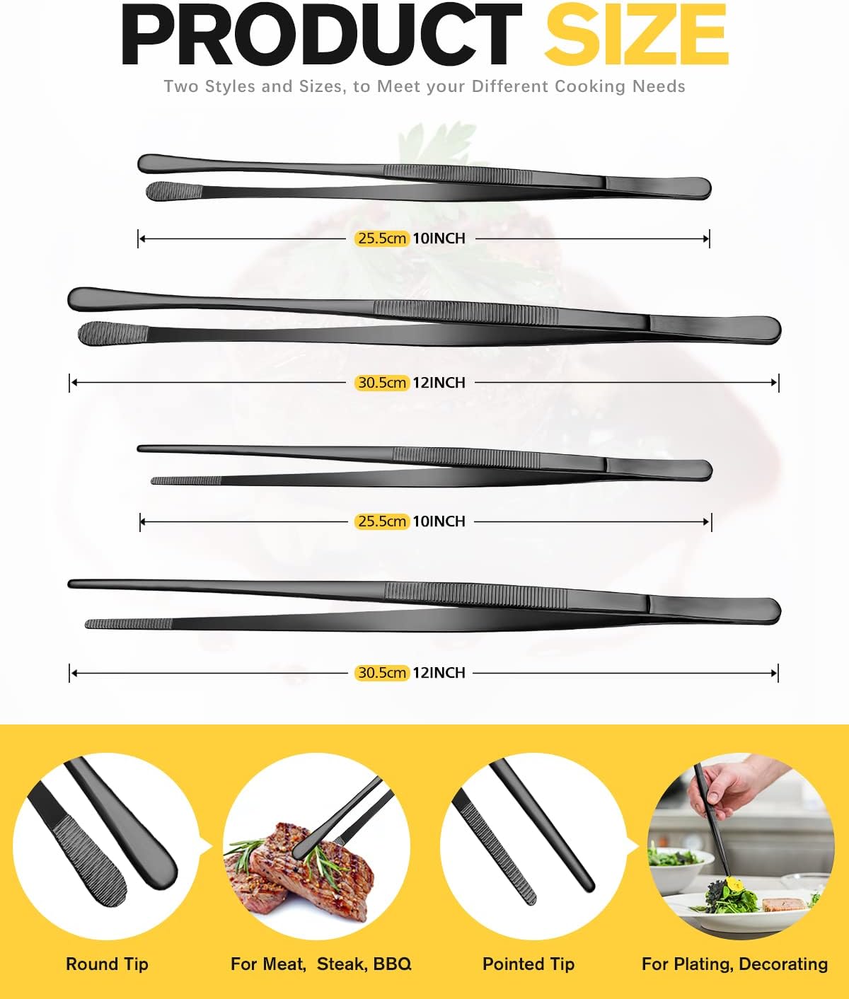 4 Pcs Fine Long Tweezer Tongs – 12" and 10" Professional Stainless Steel Tweezers for Kitchen, BBQ, Seafood, and Repairs (Black)