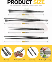 4 Pcs Fine Long Tweezer Tongs – 12" and 10" Professional Stainless Steel Tweezers for Kitchen, BBQ, Seafood, and Repairs (Black)
