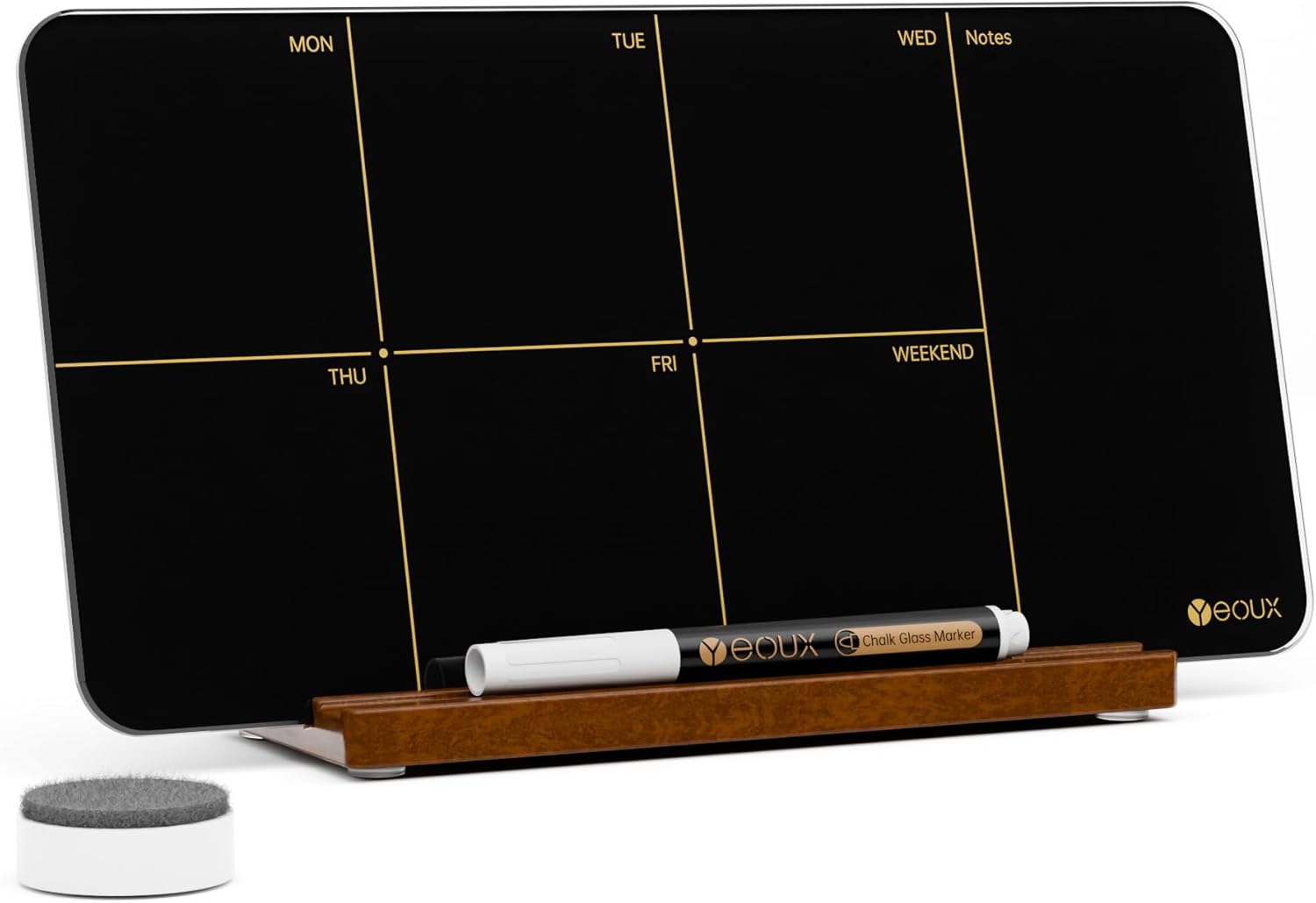 Desktop Black Glass Weekly Planner Dry Erase Whiteboard – 12x6 Portable Calendar with Detachable Wood Stand, Marker & Eraser – For Office, Home, Schools