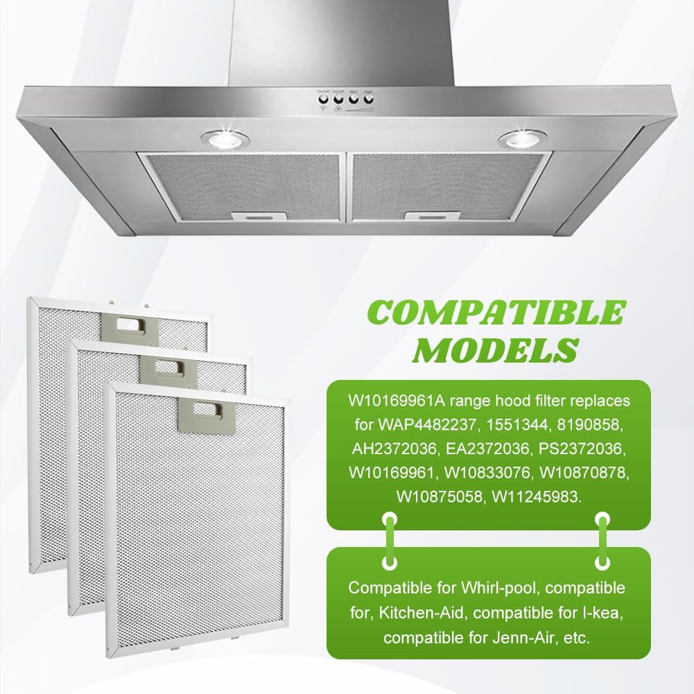 3-Pack W10169961A 5-Layer Aluminum Range Hood Filters – 10.5" x 12"