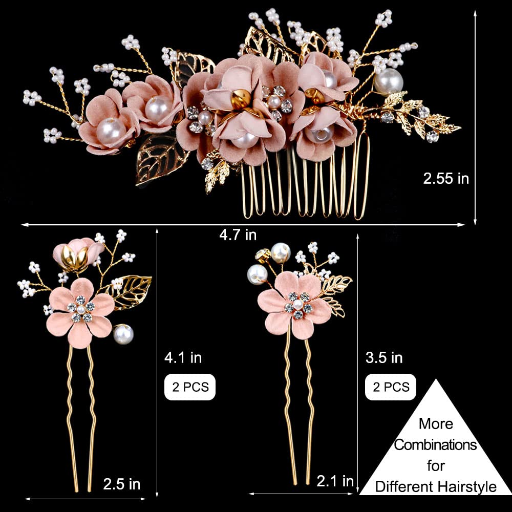 5-Piece Bridal Flower Hair Pins – Cherry Blossom Pink Crystal Pearl Hair Accessories with Rhinestones for Wedding Updos