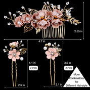 5-Piece Bridal Flower Hair Pins – Cherry Blossom Pink Crystal Pearl Hair Accessories with Rhinestones for Wedding Updos